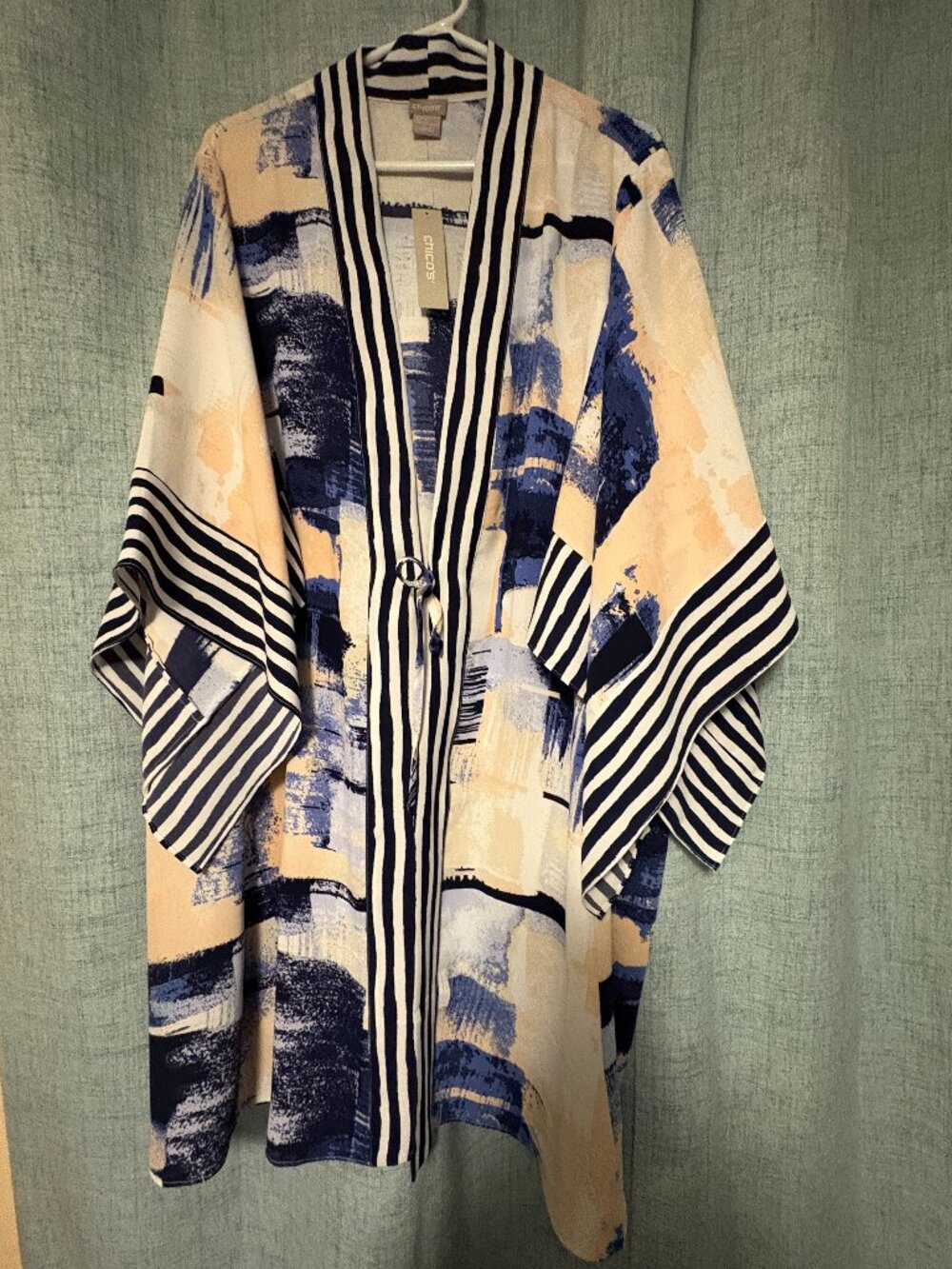 Chico's Contrast Trim Duster Kimono Cover Up Blue/White Cardigan Size 4/XXL. NWT